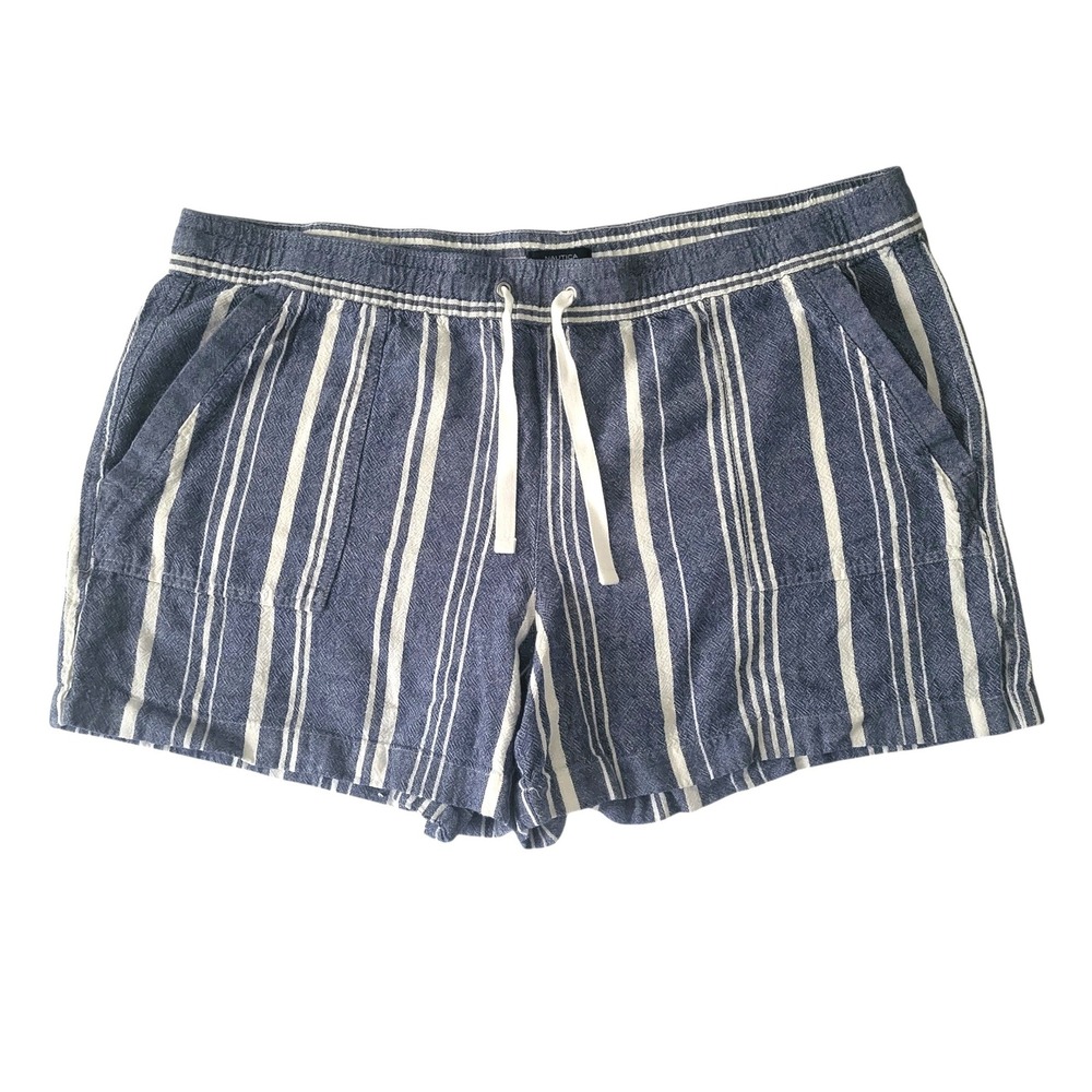 Nautica Blue Striped Linen Blend Shorts Women XXL Summer Comfort Pull On Pockets